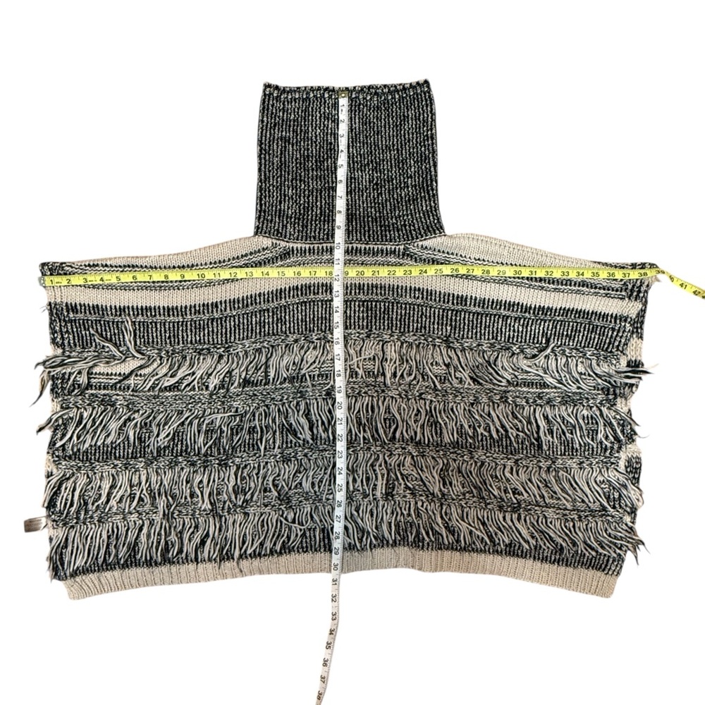 Look By M Black Cream Fringe Poncho Cowl Neck Sweater OS - Picture 2 of 6